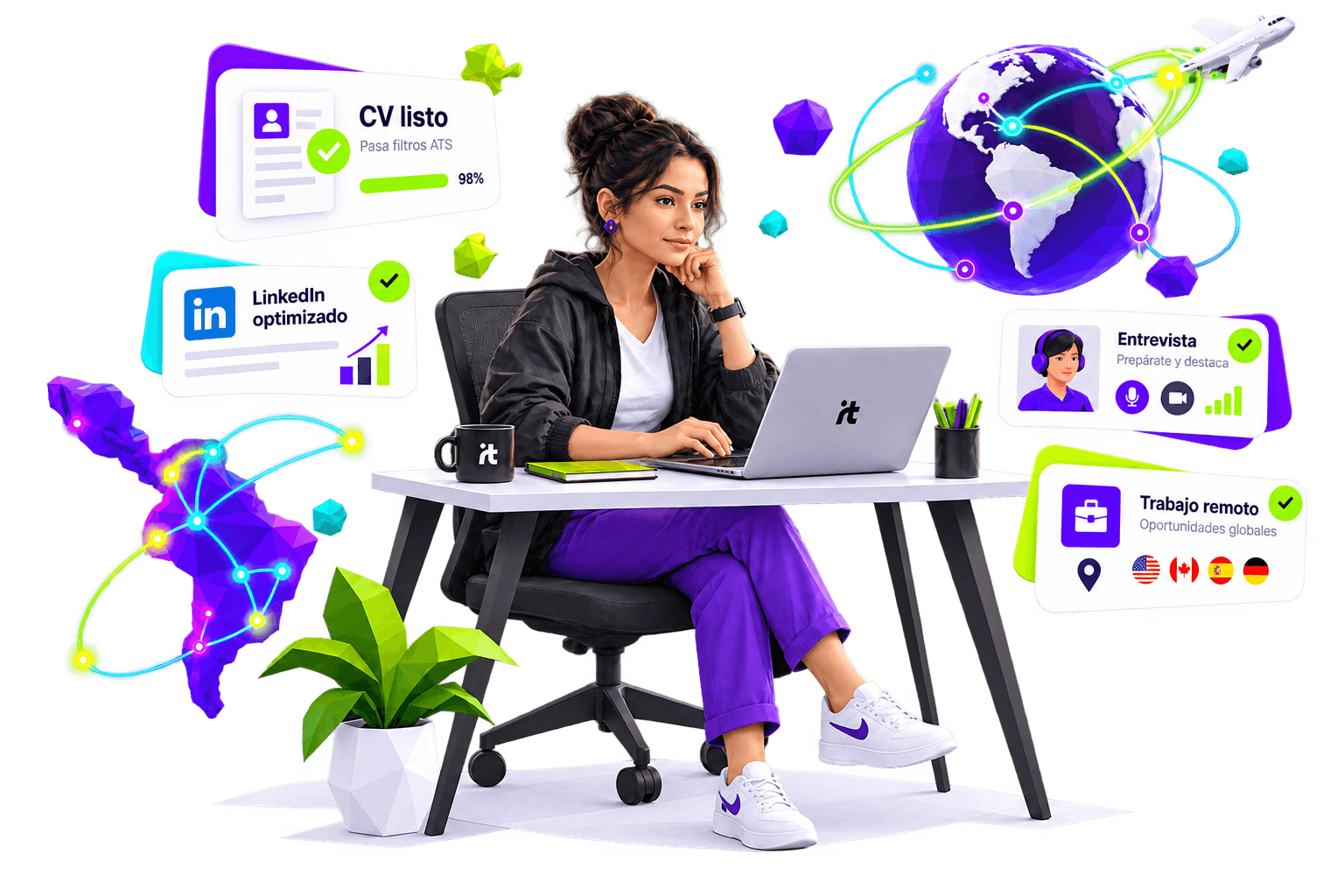Ilustración de una profesional de Latinoamérica trabajando en remoto, rodeada de un CV listo para el filtro automático, un perfil de LinkedIn optimizado y una entrevista con una empresa internacional